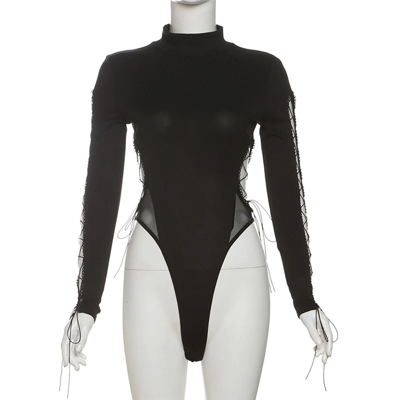 SylCue Irregular Hollow Solid Skinny Bodysuit Women Turtleneck Shirring Full Sleeve Spicy Girl Fashion Trend Classic Streetwear