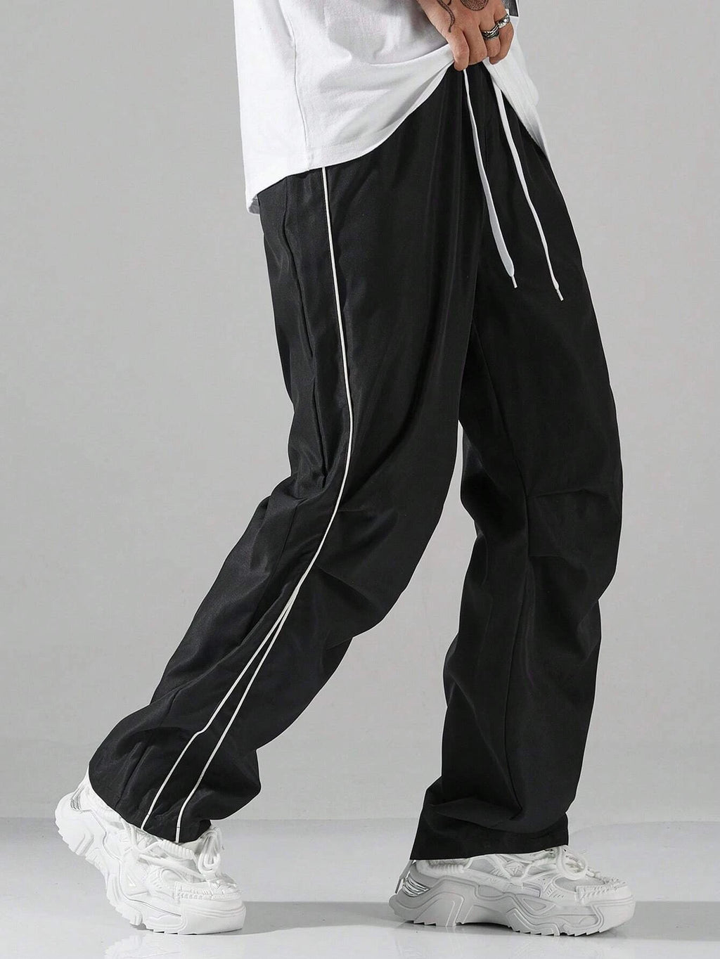 Larbulse Men Contrast Trim Trouser Fashion Casual Pants Solid Color Breathable Loose Straight Drawstring Pants Streetwear