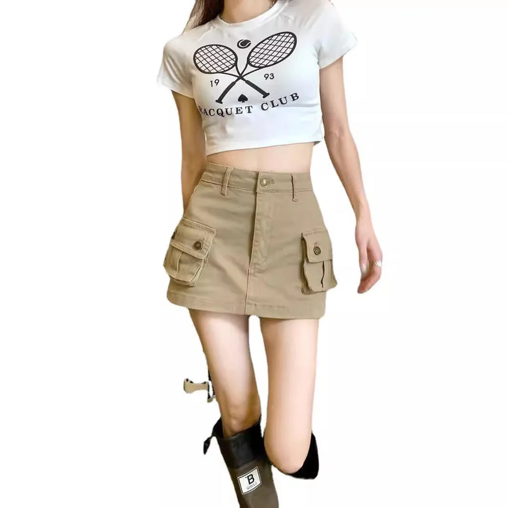 2025 new cargo khaki skirts with pocket woman streetwear clothing women's skirt korea straight skirt women high-waist A-line