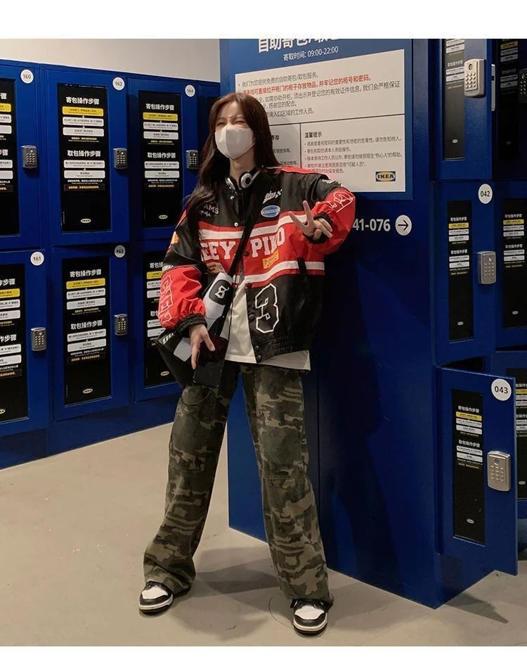 2023 Y2k Red White Bomber F1 Jacket Women Men Biker Racer Jacket Retro Hip Hop Grunge Clothes Trend Oversize Windbreaker Varsity