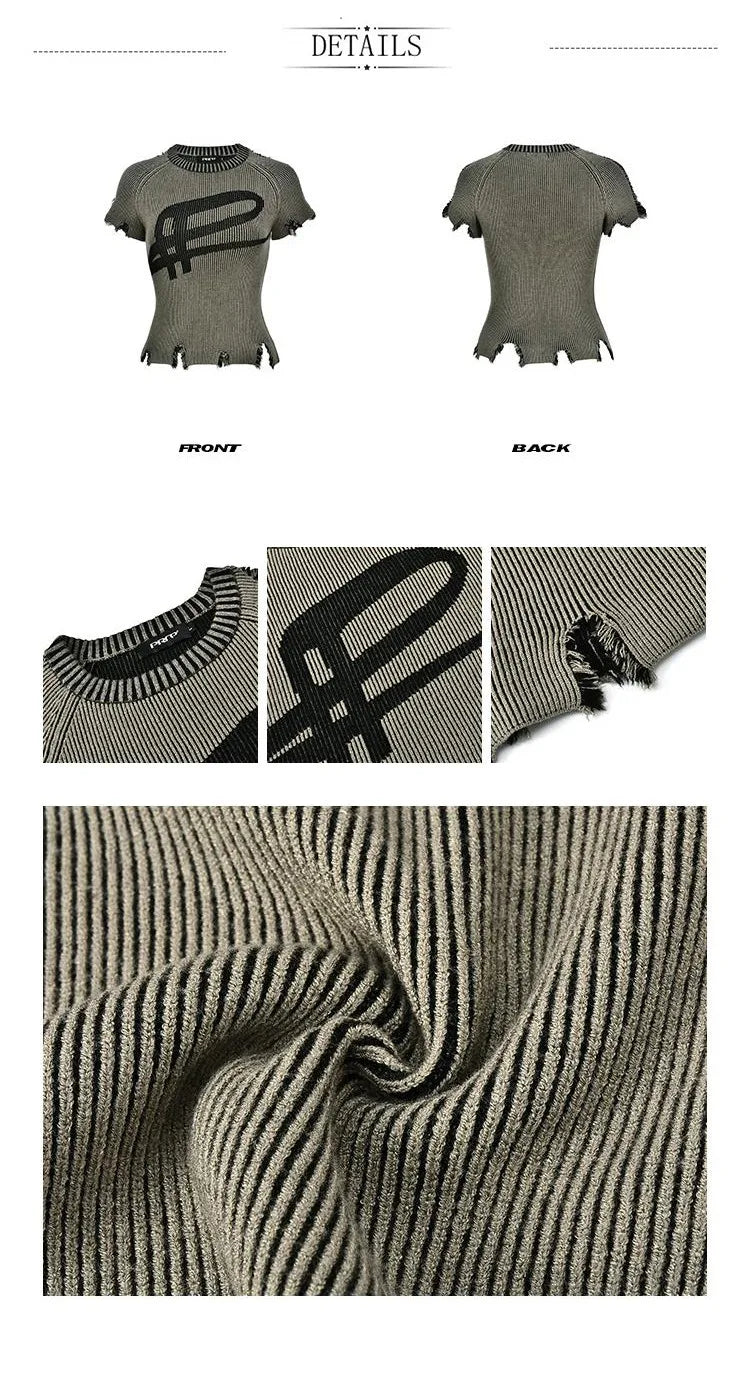 Karrcat Grunge Aesthetics Knitted Top Vintage Distressed T-shirt Punk Broken Crop Top Harajuku Slim Ribbed Tshirt Y2k Streetwear