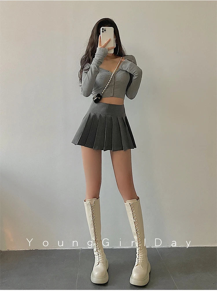 HOUZHOU Sexy Pleated Mini Skirt Women Fashion 2024 Grey Side Split High Waist A-line Slim Short Skirts Korean Y2K Skort Preppy