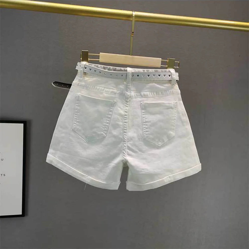White Denim Shorts Women's 2023 Summer New European Station Loose High Waist Hot Pants Fashion Letter Diamond Jean Pants Ladies