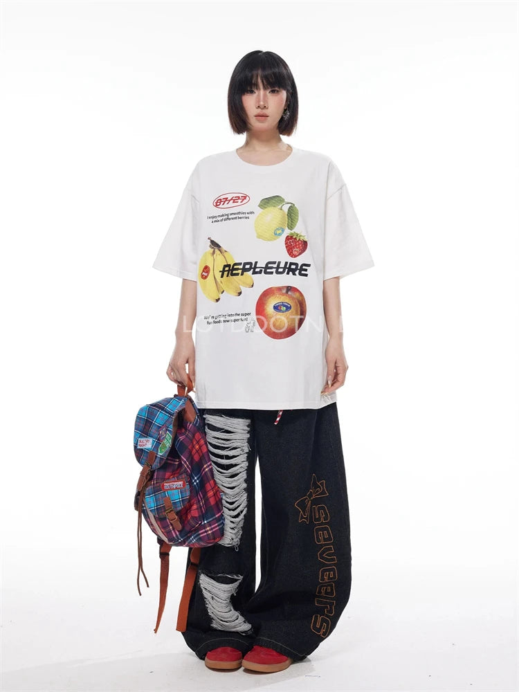 LOTDOOTN Retro American Fun Fruit Print White Short Sleeve Women T-shirts Summer Loose Pure Cotton Half Sleeve Trendy Streetwear