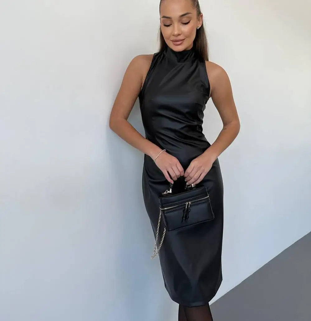 Vintage Midi Leather Dress Women Slim Turtleneck Sleeveless Hip Package Female Dresses 2025 Spring Lady Elegant Party Vestidos