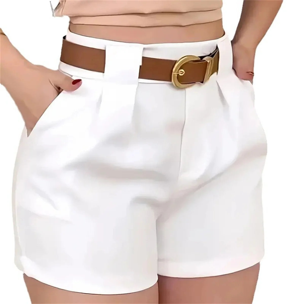 Women Fashion High Waist Shorts Summer Solid Color Pocket Belt Short Pant Elegant Office Lady Clothes Female Casual Street Pants