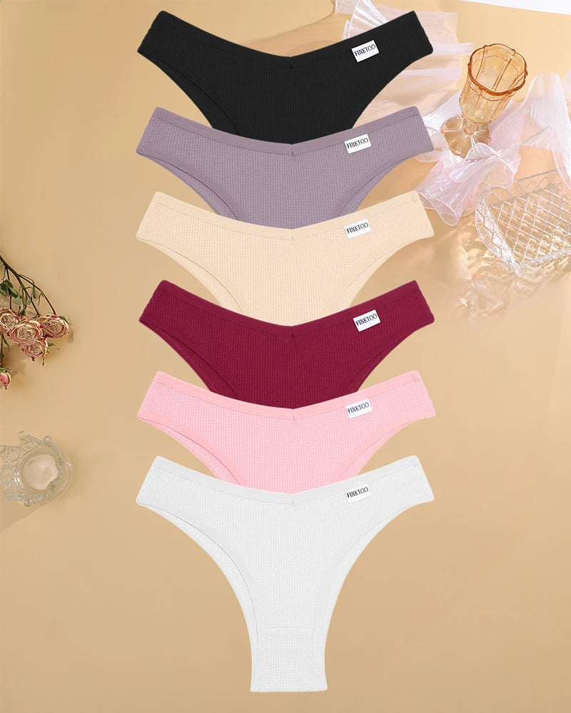 6PCS/SET Women's Waffle Cotton V-Waist Panties Multi-Color High Elasticity Brazilian Bikini Lingerie Set Sexy Female Underwear
