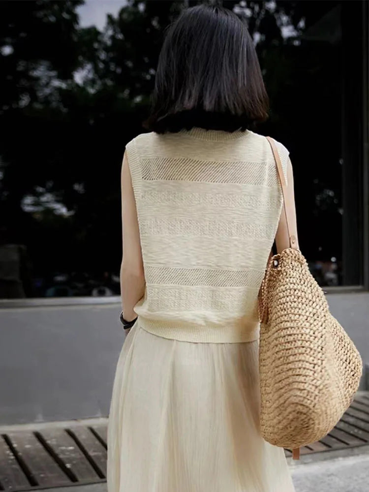 Women's Fashion Sleeveless Tees ONeckPullover Summer Worsted Wool Top Hollow Out T-Shirts Simple Elegant And Smooth Cool Comfort