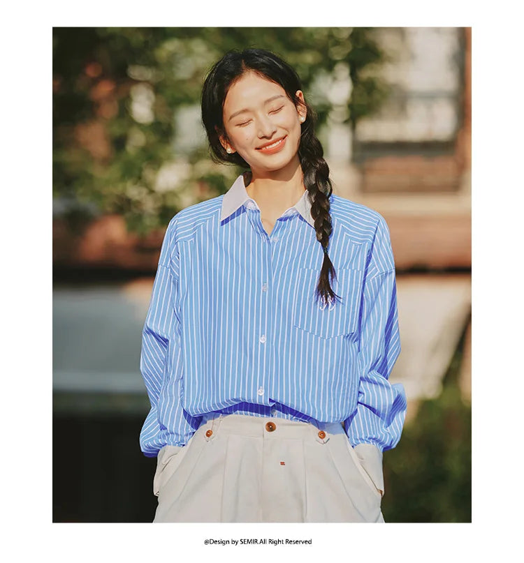 Semir Long Sleeve Shirt Women Mid-long Style Striped Pure Cotton 2025 New Spring Embroidery Oversize Blouse for Commuting