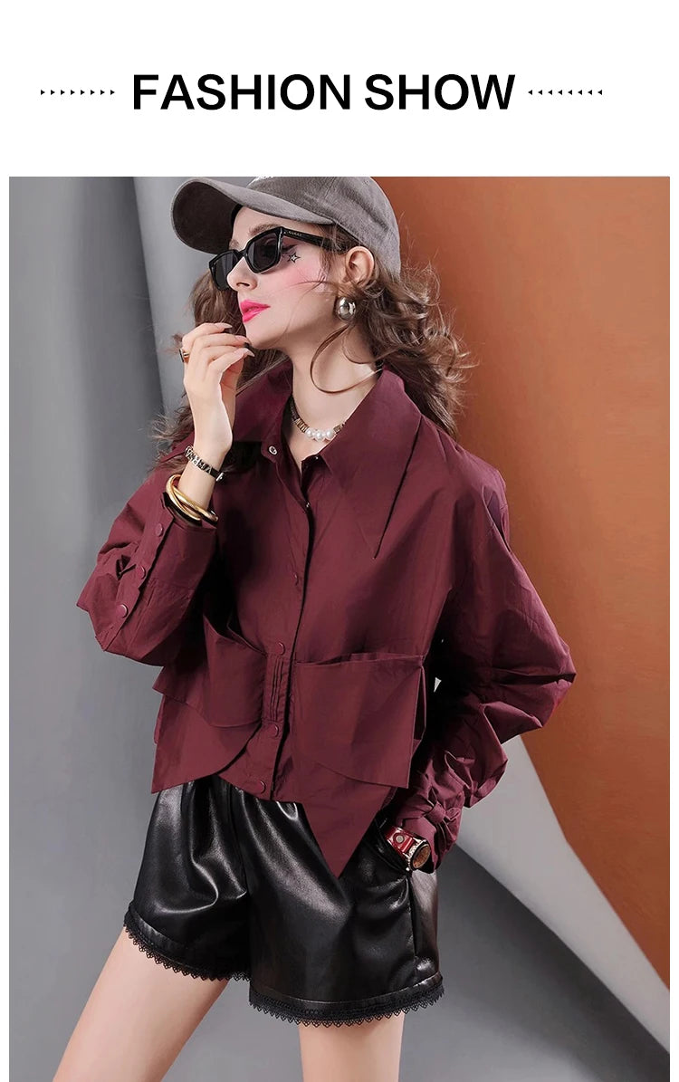 Spring new niche design solid color bow pleated short casual women's shirt for  women