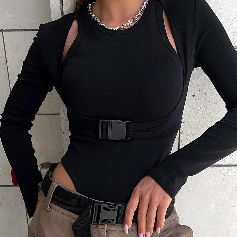 Autumn 2025 New Full Sleeves Hollow School Bags Buckle False Two Pieces Skinny Bodysuit Women Stylish Casual Versatile
