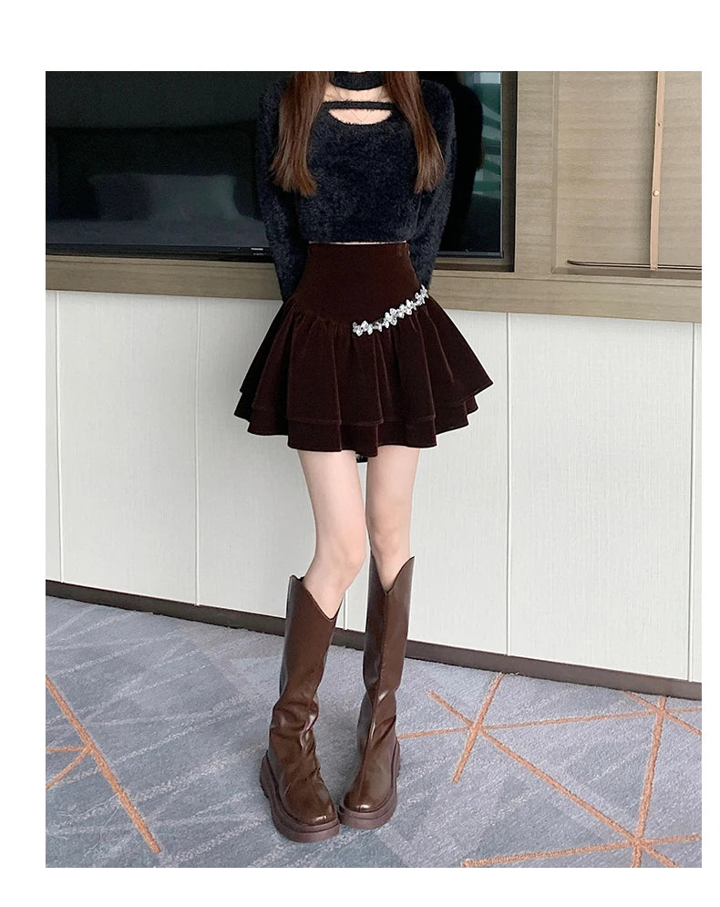 Bla Velvet Cake f Skirt Women's Autumn Winter High Waist A-Line Fluffy ort Skirt Small Size Pleated f Skirt