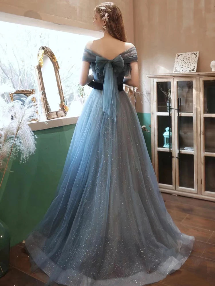 New greydish blue long sweat lady girl women princess bridesmaid banquet party prom dress gown