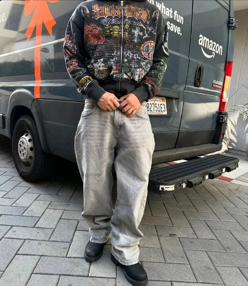 American Retro Y2K Skull Graphic Zipper Hoodie Men Gothic Punk Trendy Streetwear Jacket Hip Hop Harajuku Oversized Sweatshirt