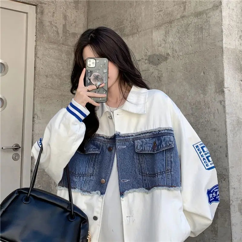 Denim Jacket Embroidered Baseball Uniforms Bomber Jackets Streetwear Harajuku Y2k Tops Trench Coats Hip Hop Long Sleeve Coats
