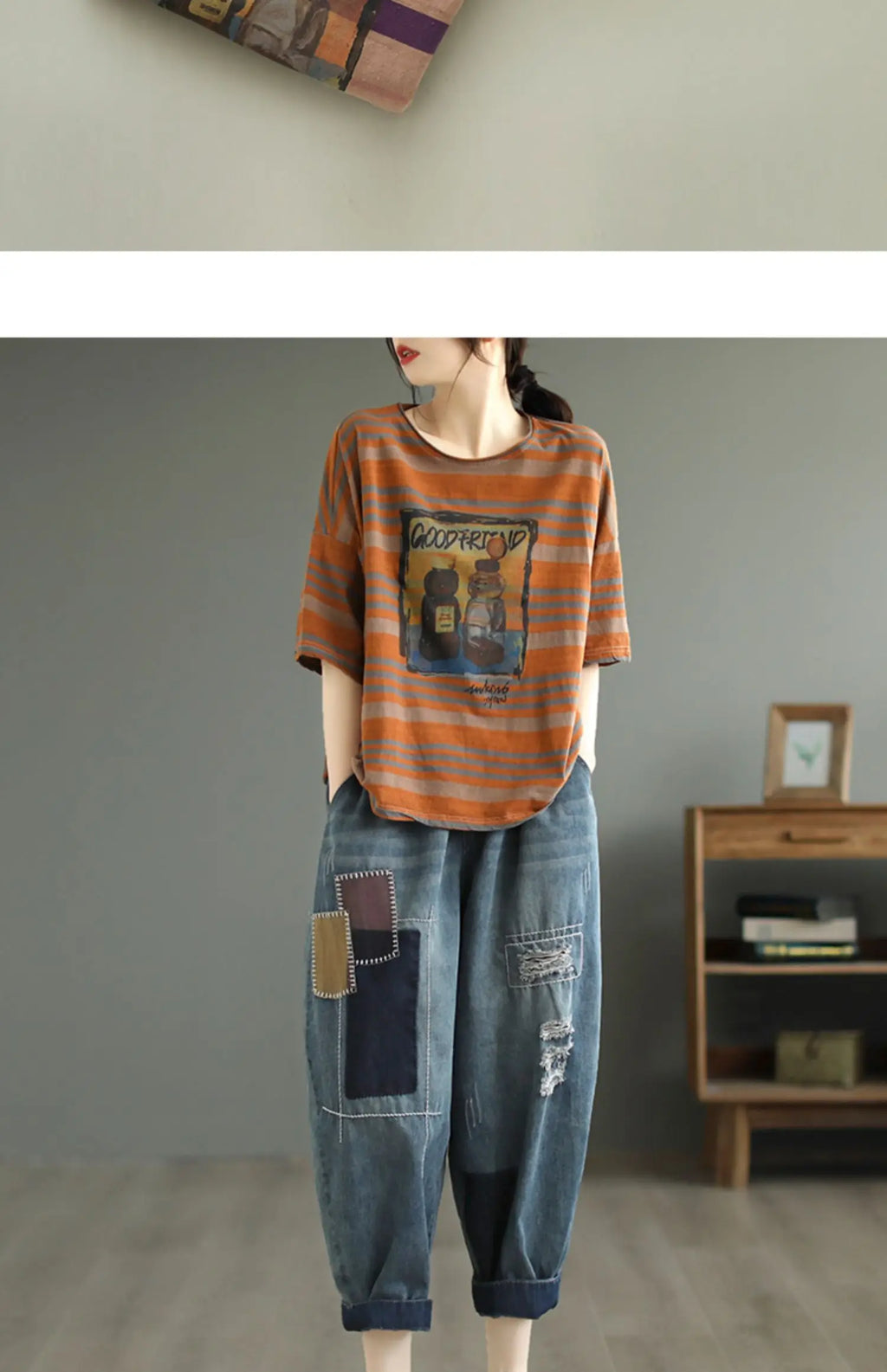 plus Size Women's Cotton T-irt ort Sve Slimming Top Summer Street Sle Printed round Ne Loose Fit Casual Wear