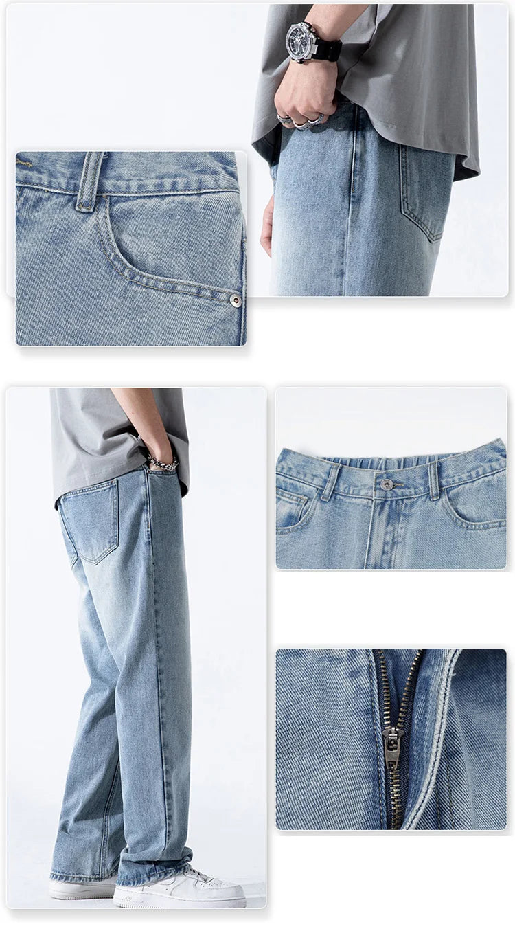 Spring Autumn Men's Jeans Straight Denim Pants Banding Waist Cotton Streetwear Wide Leg Loose Casual Blue Long Jeans Trousers