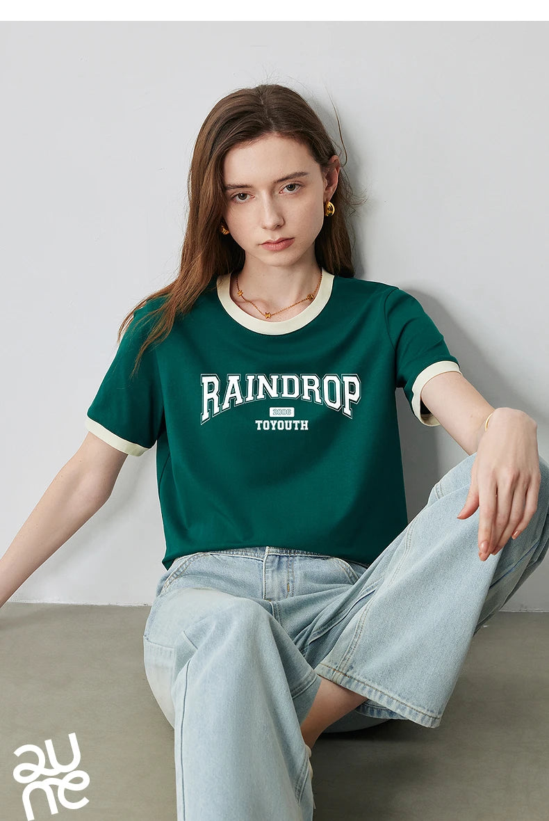 TOYOUTH Women Short Sleeve T shirt 2025 Summer New Color Blocked Letter American Style Antibacterial Cotton Tops GT5210004