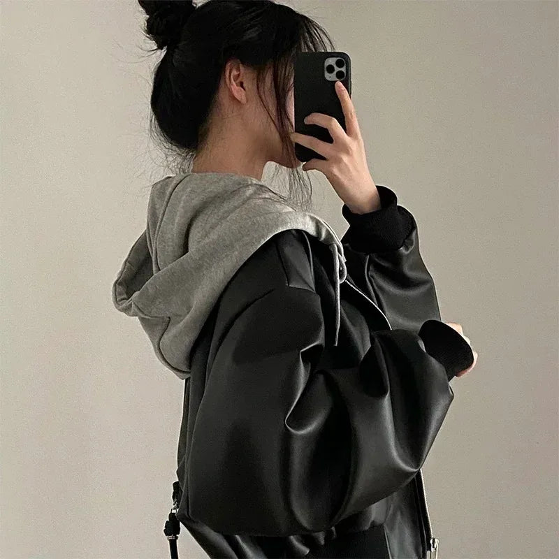 Fashion Hooded Loose Leather Jackets Women Fashion Faux Leather Coats Spring Autumn Korean PU Jackets