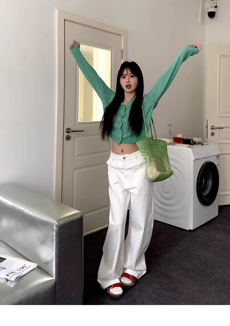 Casual Patchwork Pleated Wide Leg Pants Loose Solid High-Waisted Straight Pants Women Fashion Streetwear Lady Jeans