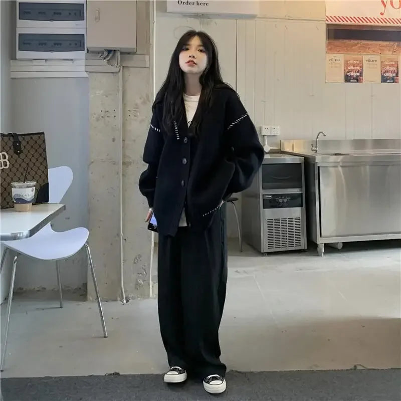 Autumn and Winter Lazy Style V-neck Knitted Sweater Cardigan Women Korean Version Loose Casual All-match Sweater Cardigan Coat