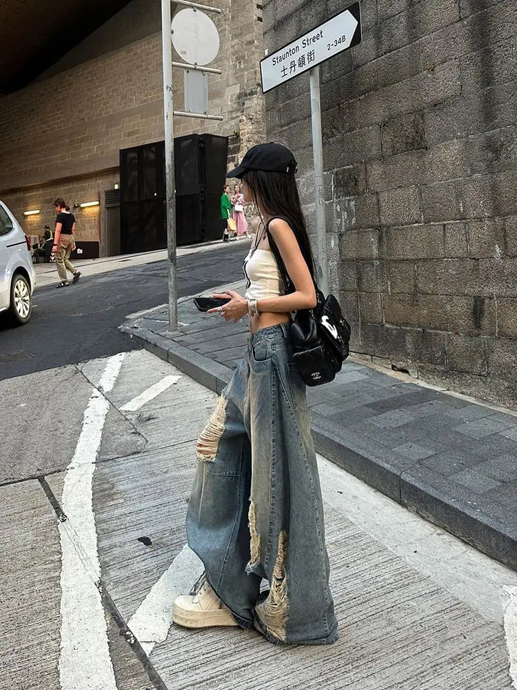 American Style Distressed Washed Jeans Women Summer Y2k Streetwear High Waist Hip Hop Wide Leg Pants 2025 New Casual Loose Jeans