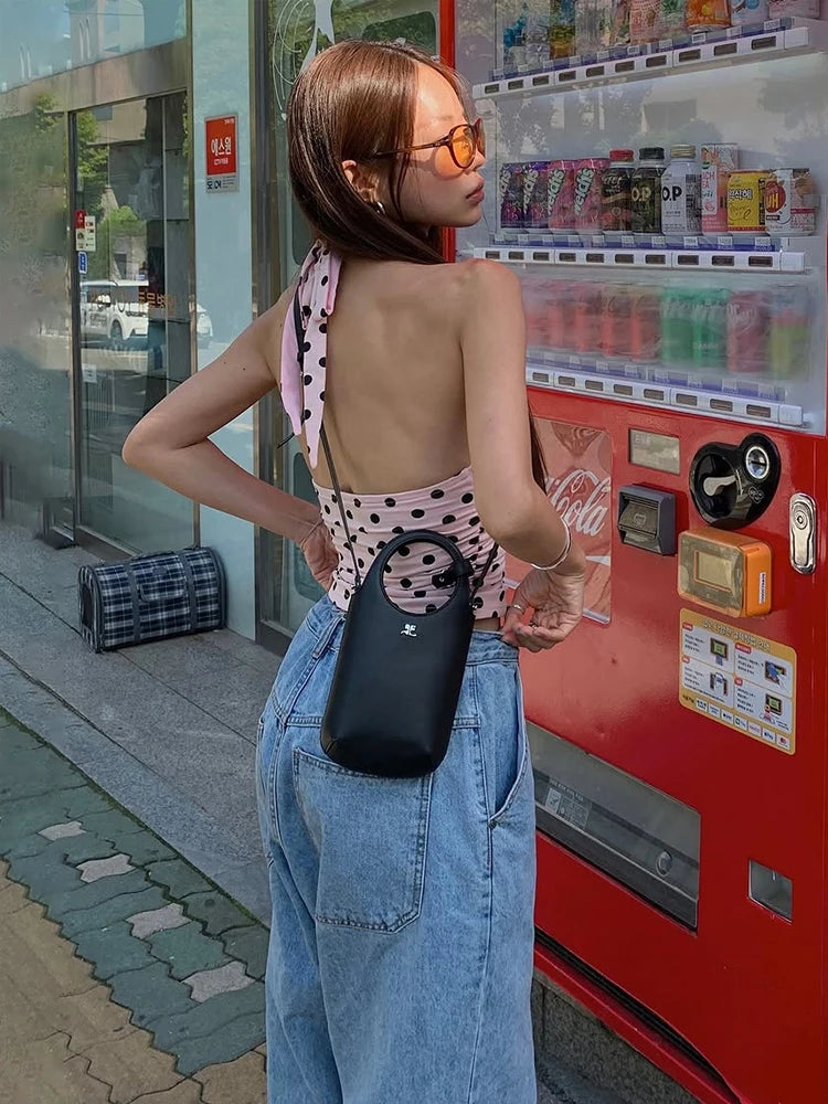 weird Puss Polka Dot Print Vest Women Y2K Lace-Up Backless Halter v-Neck Skinny Summer Trend Daily  Street Basic Chic Tank Tops