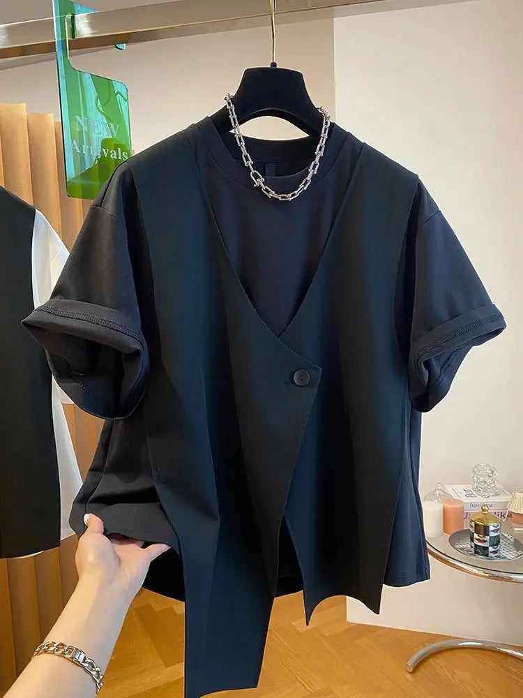 Fashion Fake Two Piece T Shirt Women Niche Design Sense T-shirt Loose Casual Stitching Vest Button Short Sleeve Tshirt