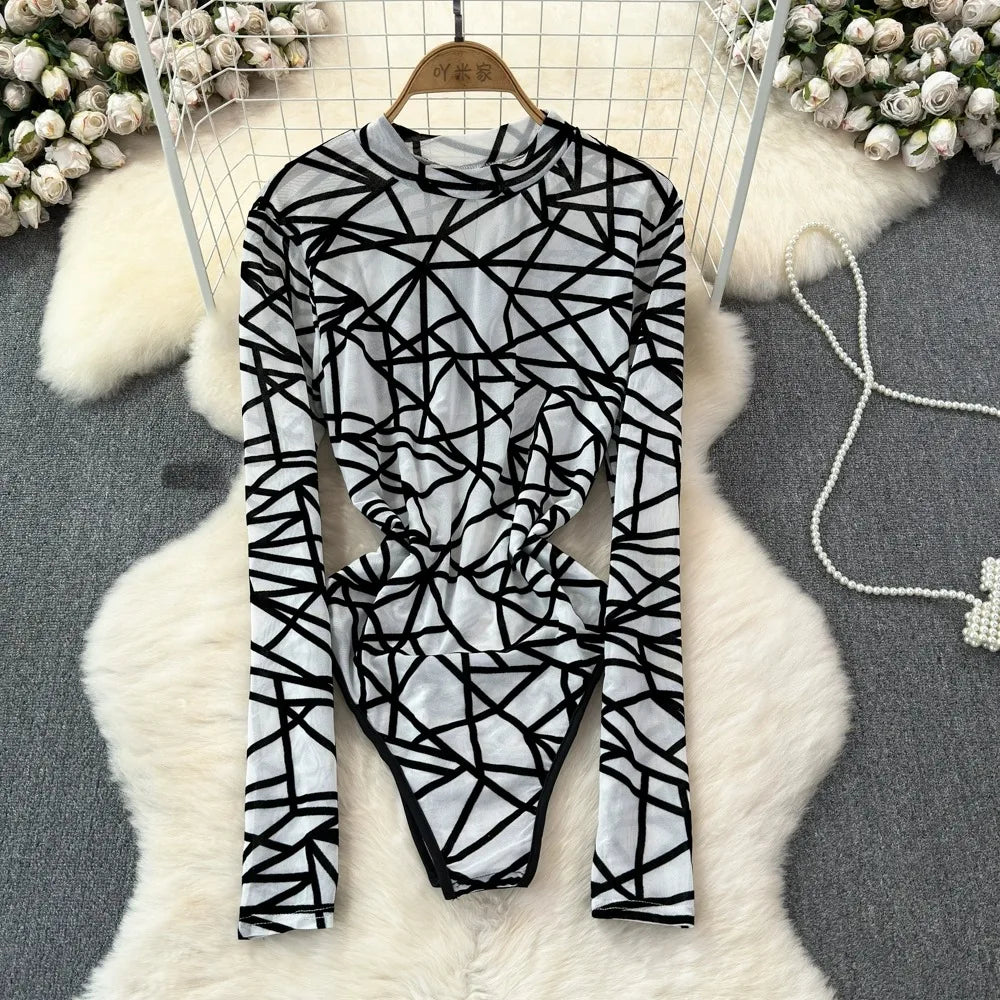 Foamlina Sexy Hollow Out Mesh Bodysuits for Women Fashion Striped Print Stand Collar Long Sleeve Slim Fit Club Party Jumpsuits