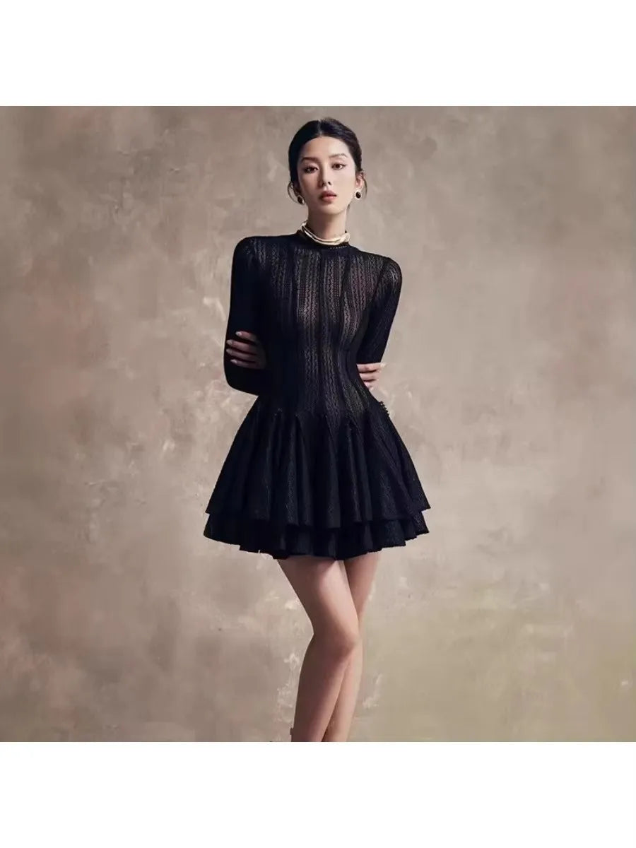 TWOTWINSTYLE Solid Hollow Out Slimming Dresses for Women O Neck Long Sleeve High Waist Temperament Dress Female Fashion