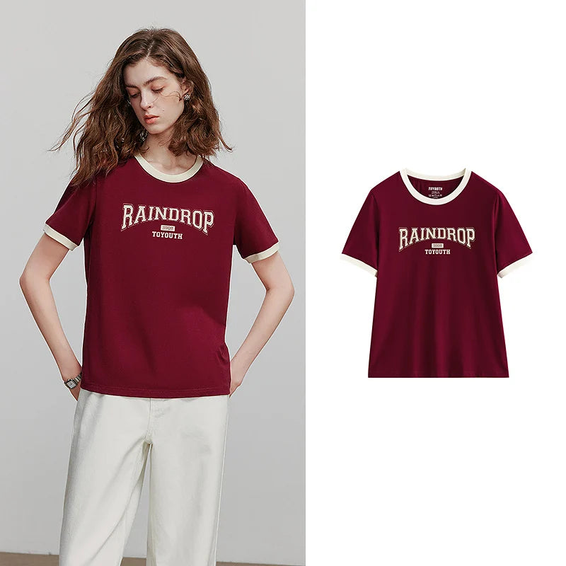 TOYOUTH Women Short Sleeve T shirt 2025 Summer New Color Blocked Letter American Style Antibacterial Cotton Tops GT5210004