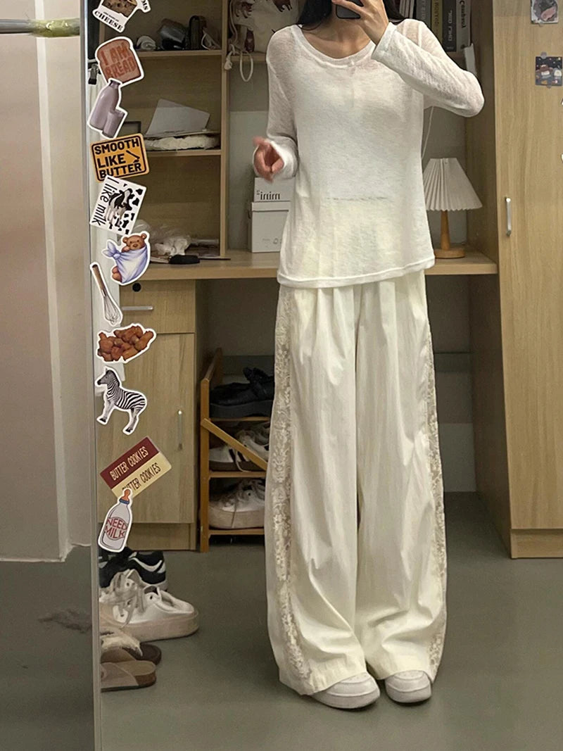 Zoki Lace Patchwork Sweet Pants Women Casual Korean High Waist Fashion Straight Trousers Loose Chic Female Summer Design Pants
