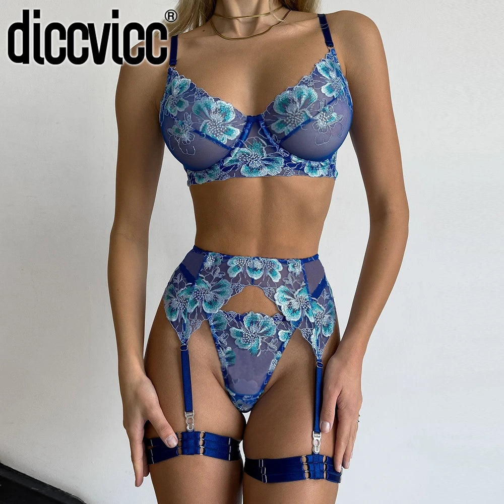 Diccvicc Embroidery Lingerie Set 4 Piece Bra Panty See Through Lace Sexy Outfits Women Garter Belt with Underwear Erotic Costume