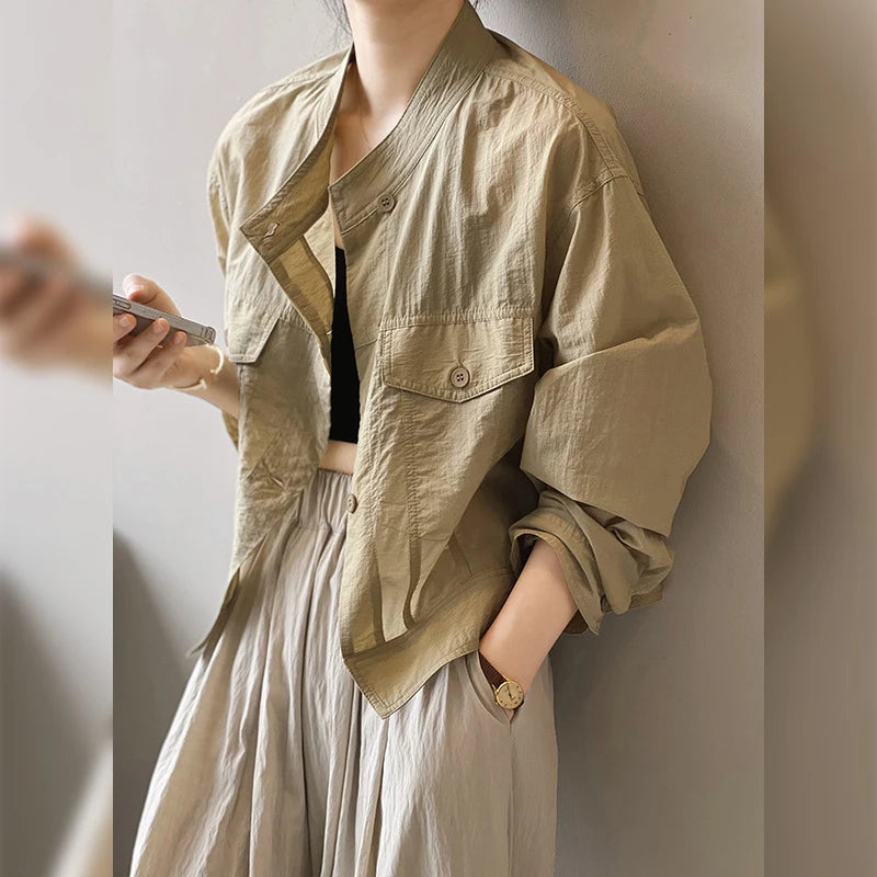 Women's ort Breathable Faion irt Thin Summer New Design Chic Stand Collar Trendy Top Korean Sle Long Sve Button up