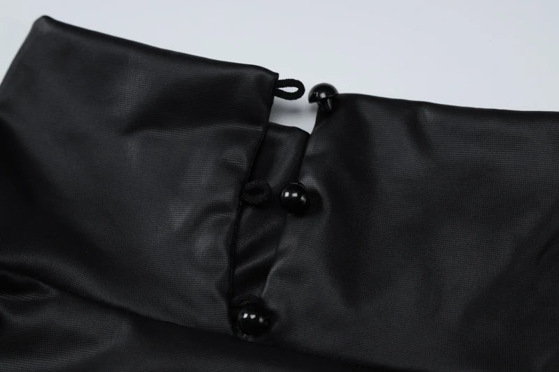 Hugcitar Fashion Pu Leather Black Turtleneck Tie Flower Long Sleeve Buttons Sexy Bodycon Bodysuit Women Party Overalls Romper