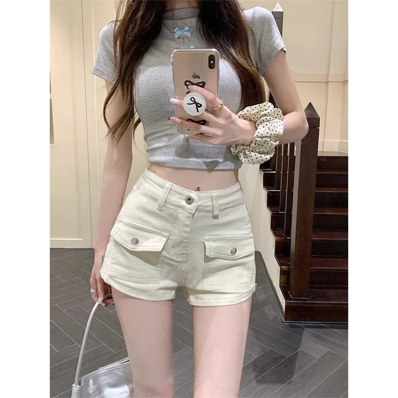 Sexy Hottie Slim Denim Shorts Women Summer Simplicity Office Lady Solid Color Cargo Fashion High Waist Appear Thin Wide Leg