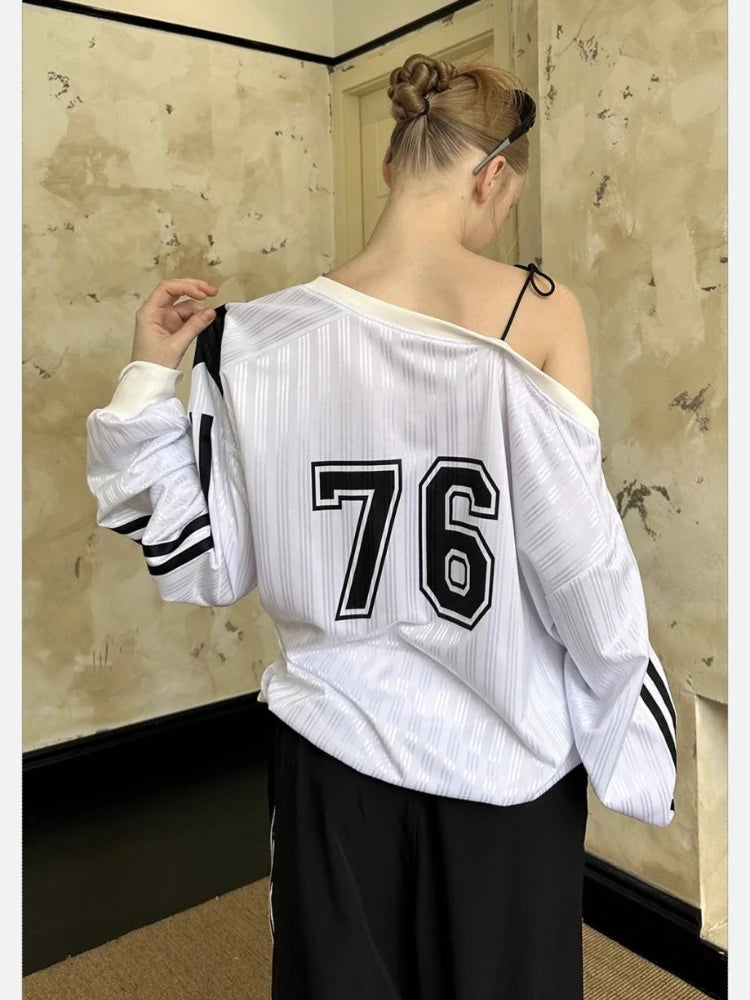 HOUZHOU Y2k Vintage Women Sweatshirts Sloping Shoulder Letter Printed Long Sleeve American Retro Hoodies Loose Gyaru Streetwear