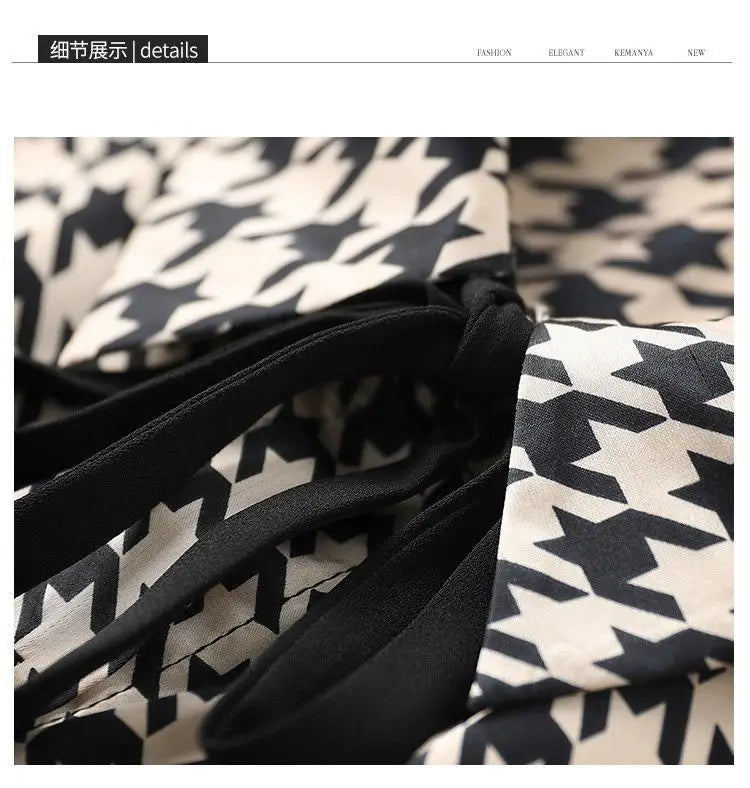 Spring Autumn Elegant Fashion Houndstooth Print Lace Up Shirt Ladies Long Sleeve Temperament All-match Blouse Femme Cardigan Top