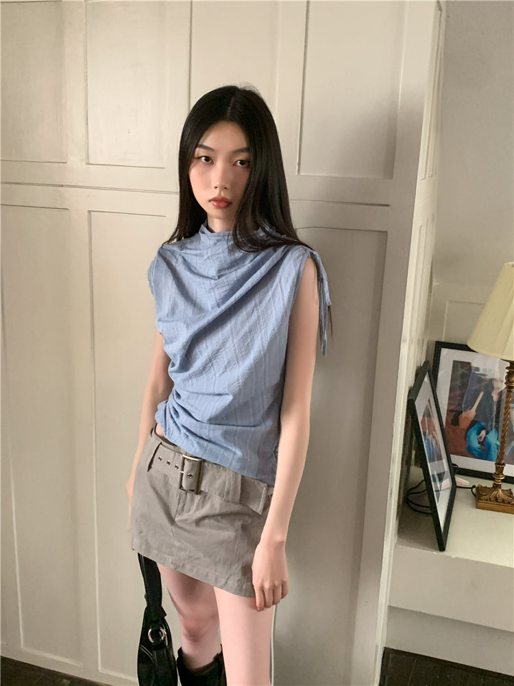 CHEERART Y2k Fashion Blue Striped Ruched Shirring Crop Top For Women 2023 Sleeveless Tees Crew Neck Short T Shirt Summer