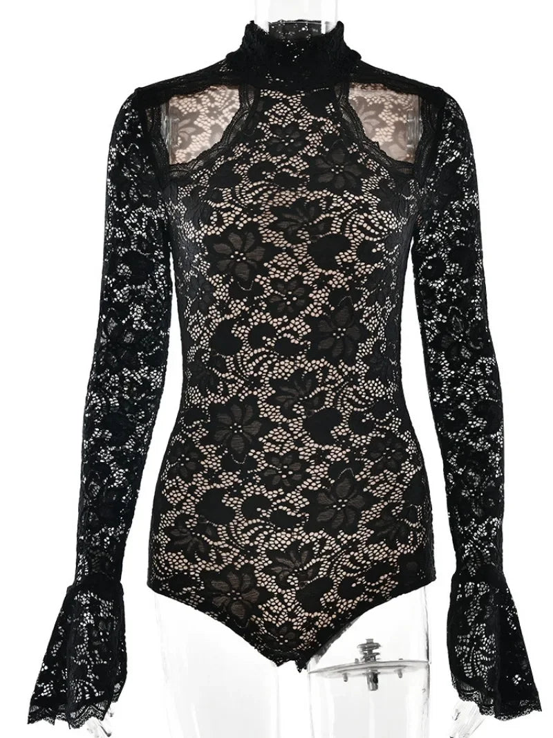 Women's Hollow Out Flare Sleeve Lace Bodysuit 2025 Female Elegant One Piece Black Tights Tops Evening Party Jumpsuit Clubwear