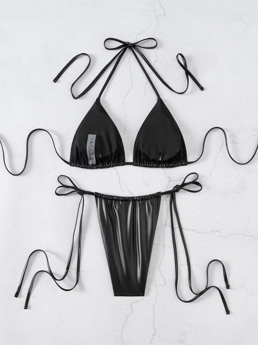PU Faux Leather Mini Micro Thong Bikini Female Swimsuit Women Swimwear Two-pieces Bikini Set Bather Bathing Suit Swim Beachwear