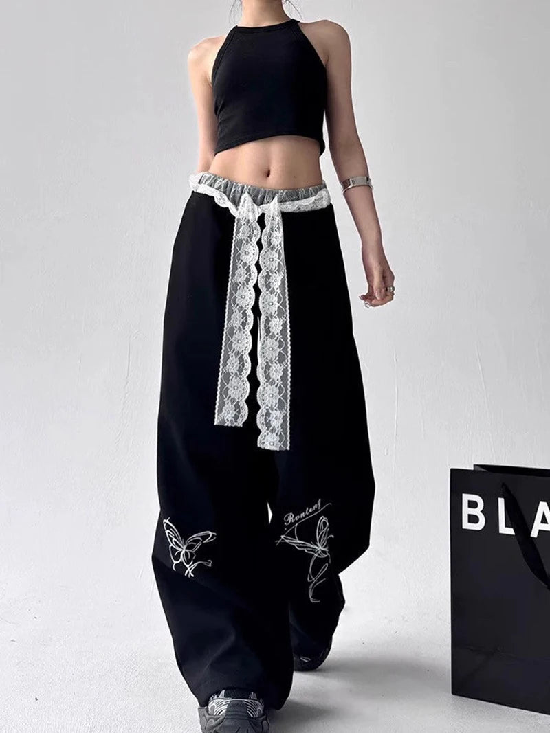 Zoki Vintage Bufferfly Y2K Sweatpants Women Loose High Waist Lace Patchwork Pants Streetwear Retro Casual Bf Harajuku Trousers