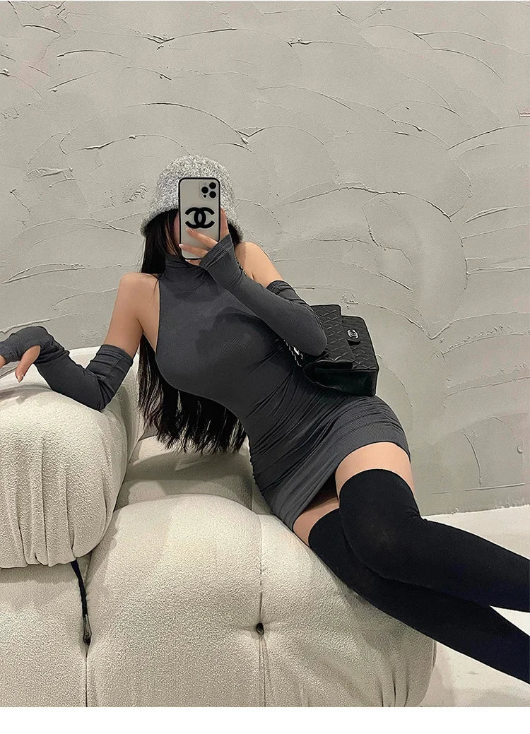 Spring Sexy High Collar Dress Spicy Sweet Tight Pure Desire Style Halter Wrap Hip Dress Women