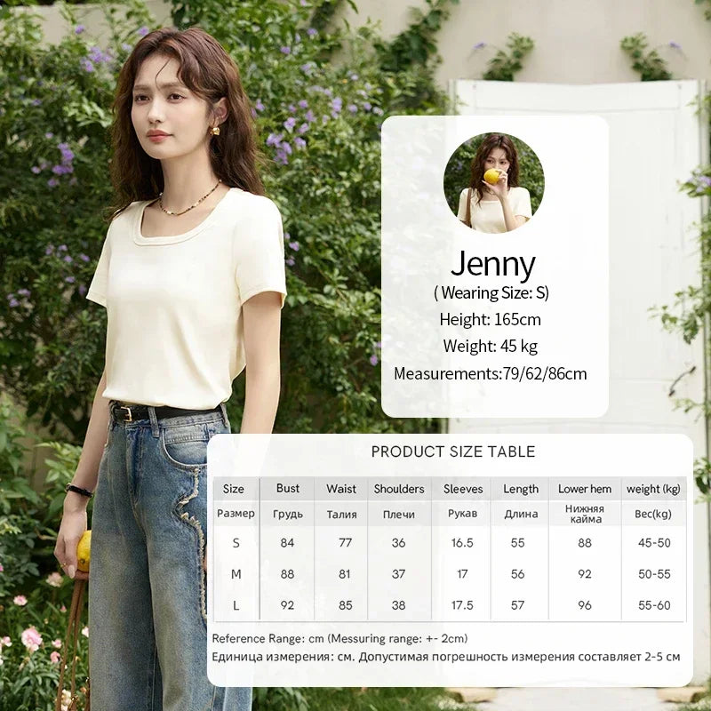 MISHOW Short Sleeve T-shirts Women Spring Solid Square-neck Top Elegant Woman Clothes Office Lady Cotton Tees MXC12T0641