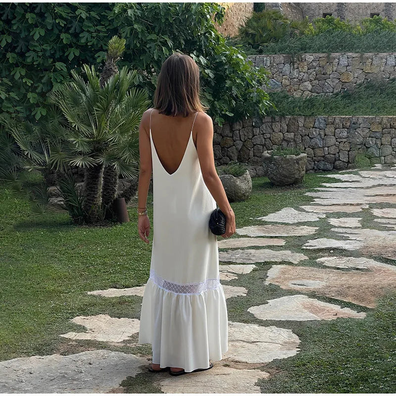 Elegant Women's Solid Backless Pleated Dress Fashion Patchwork Sleeveless Backless Long Dresses Lady Summer Holiday Beach Robes