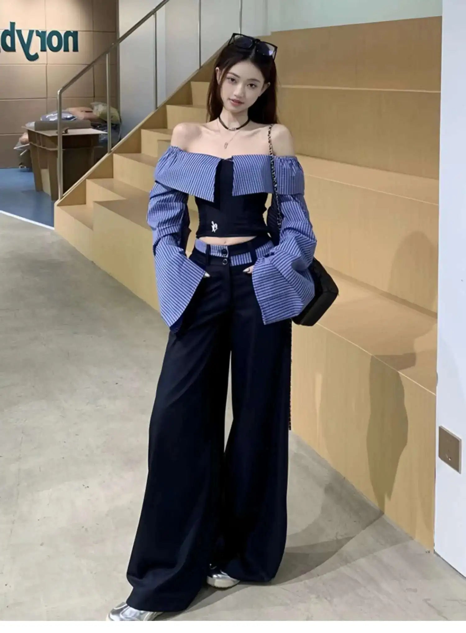 SHENGPALAE 2025 Spring New Contrast Color Slash Neck Pullover Women Straight Loose Ankle Length Pants Fashion Clothing 5ZD1278