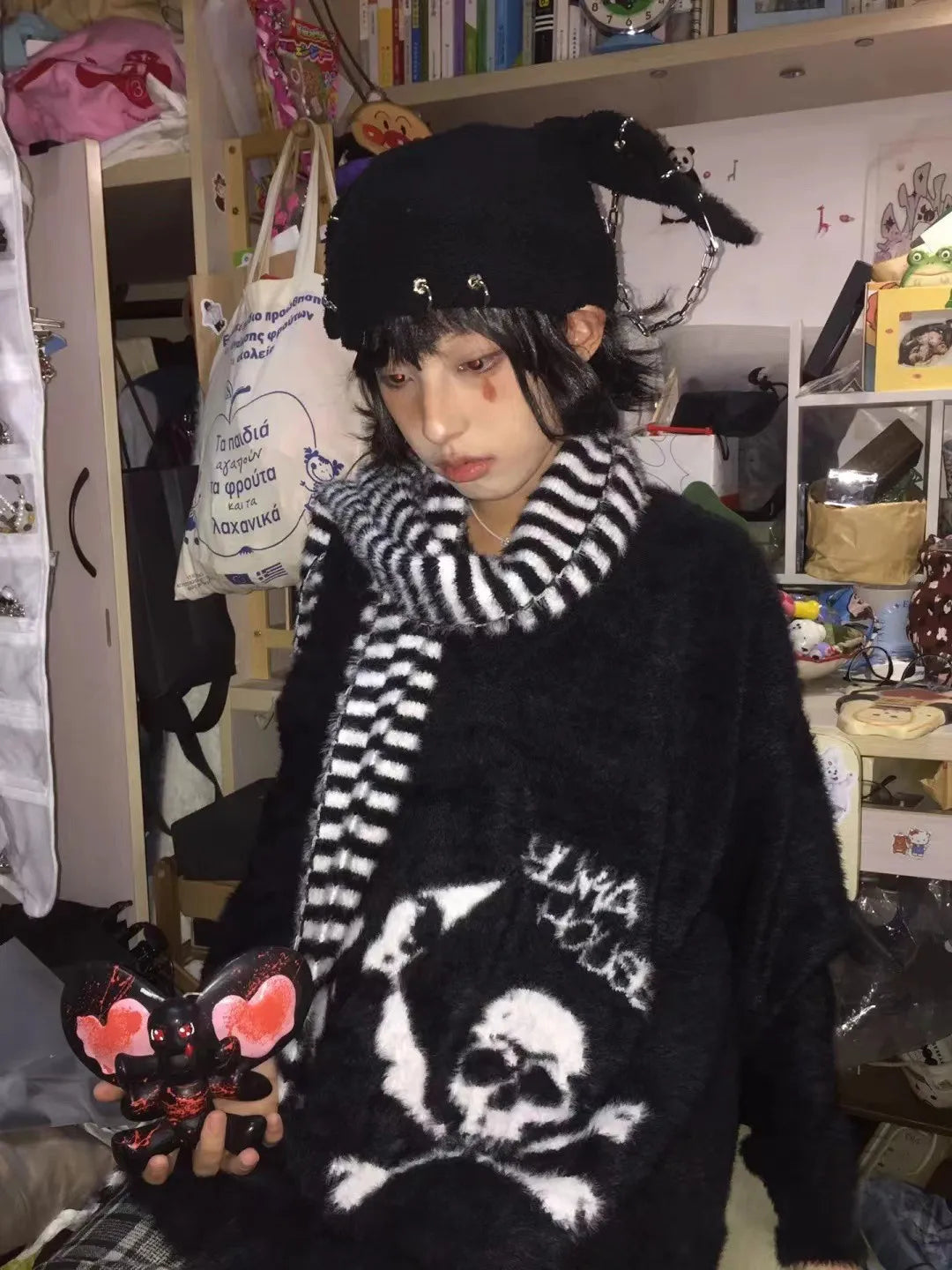 Karrram Gothic Skulls Sweater Grunge Dark Aesthetics Knitted Jumper V-neck Harajuku Loose Mohair Pullover Emo Alt Knitwear Y2k