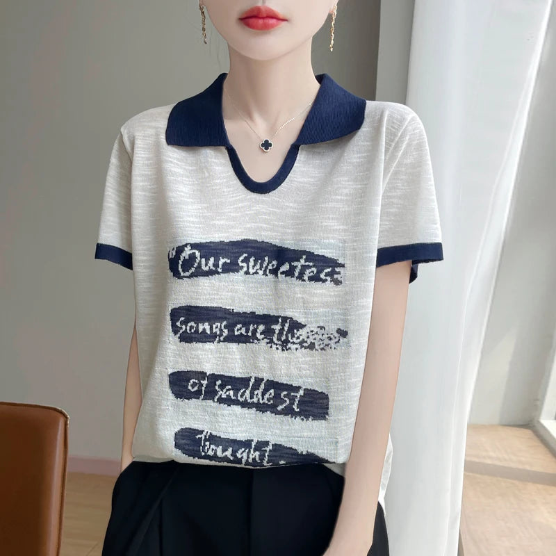 2025 New Large Size Summer Short Sleeve Scissor Collar T-Shirt Women High Grade T-Shirt Fashion Comfortable Leisure T-Shirt Tops