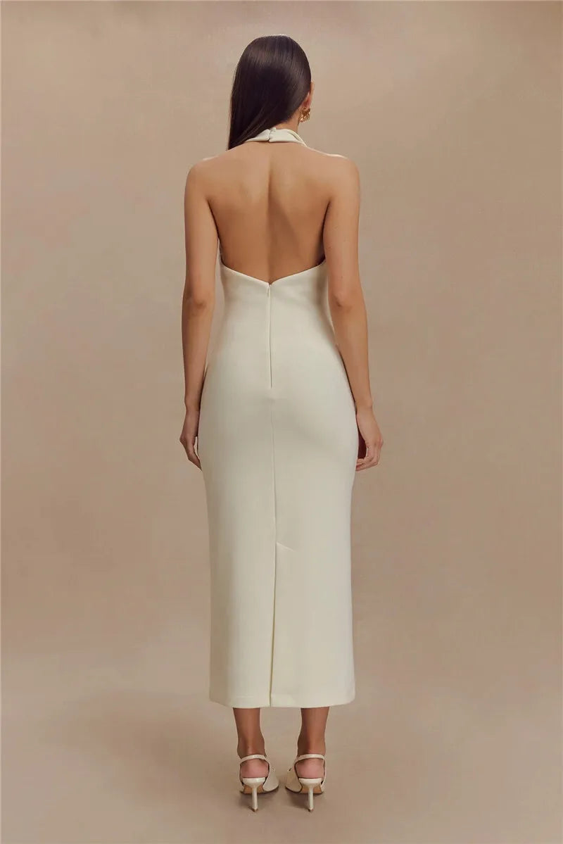 Mozision Halter Deep V Neck Sleeveless Sexy Maxi Dress For Women Elegant Backless Bodycon Tank Dress Femme Fashion Long Dress