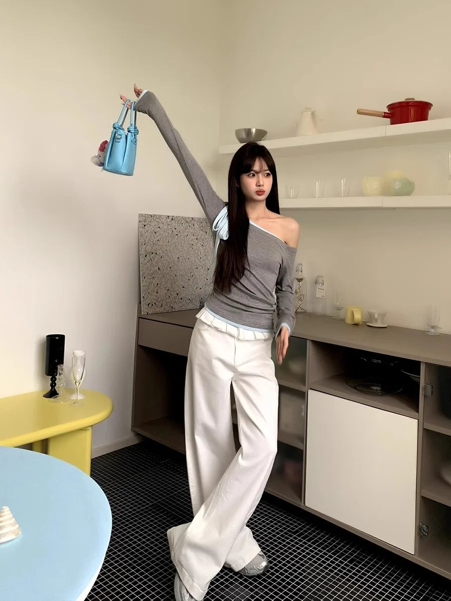 Casual Patchwork Pleated Wide Leg Pants Loose Solid High-Waisted Straight Pants Women Fashion Streetwear Lady Jeans